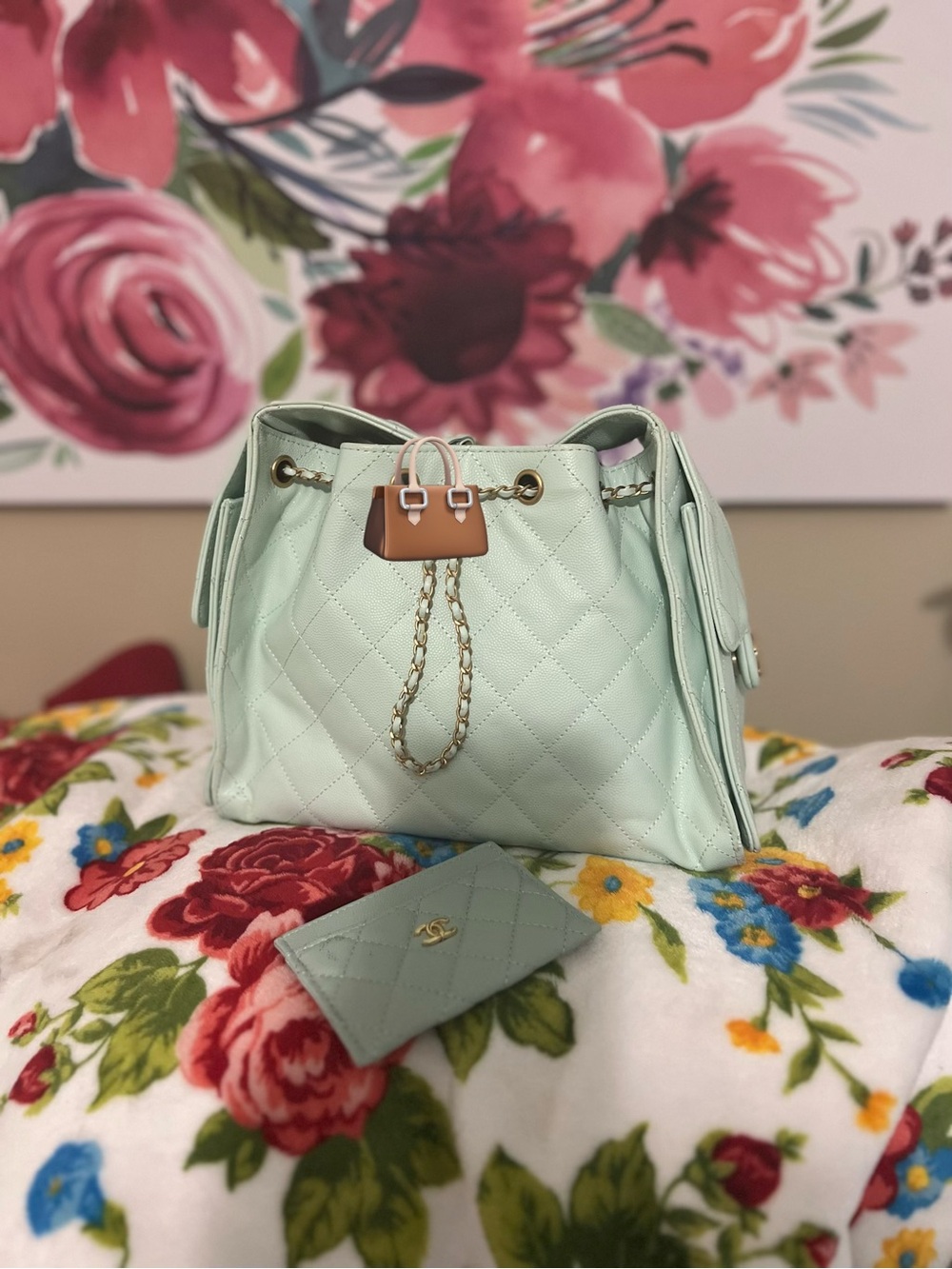 Quilted inspo Mint Green Mini Backpack with Gold Hardware